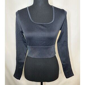 OFFLINE Aerie Ribbed Cable Knit Long Sleeve Crop Black Shirt MEDIUM‎ NWT